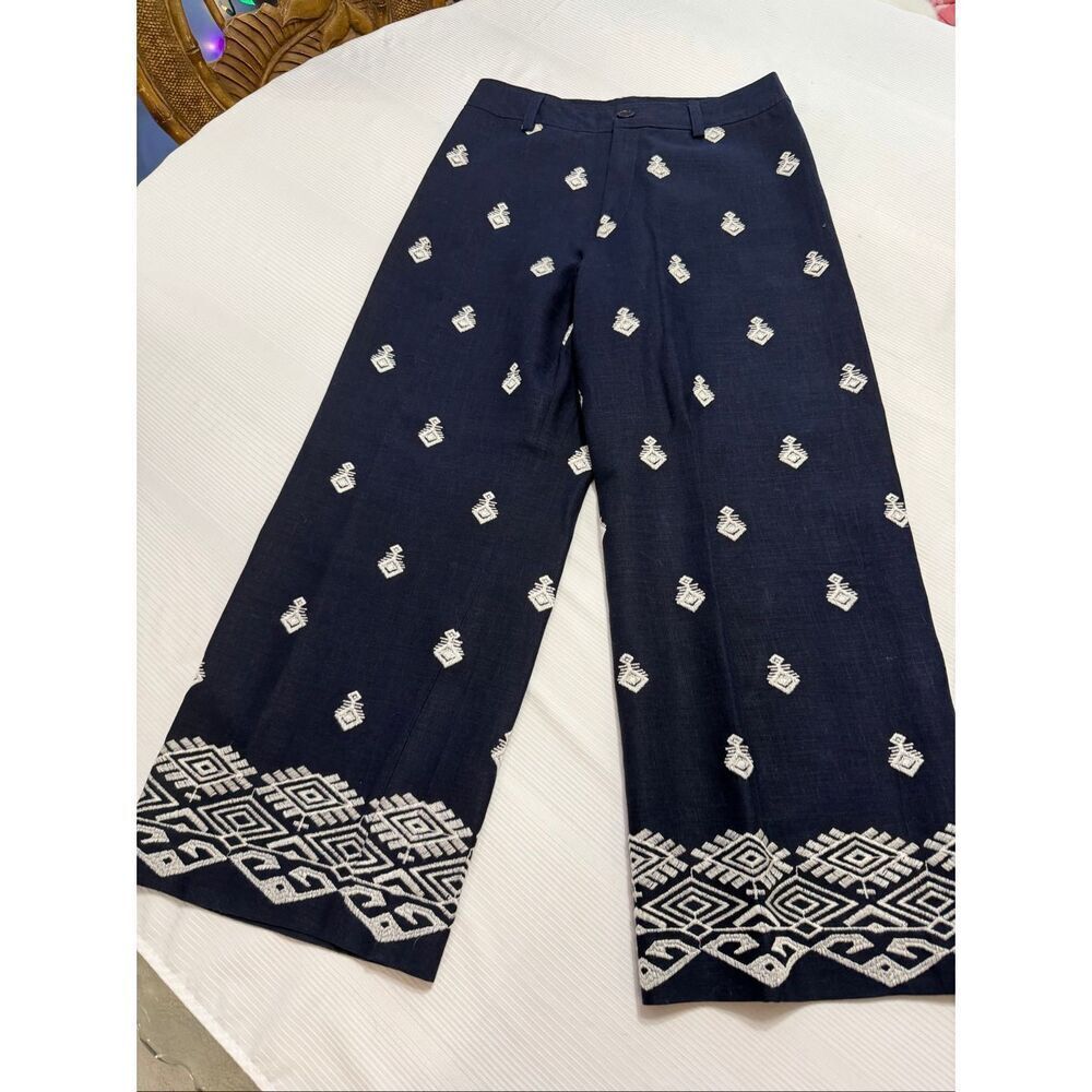 Elie Tahari Navy Blue White Embroidered Linen Blend Pants Size 8
